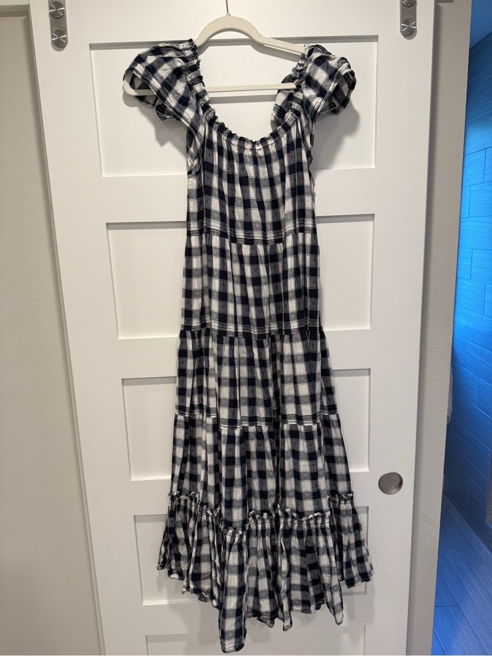 THE GREAT. Black and White Gingham Tiered Maxi Dress with Puff Sleeves